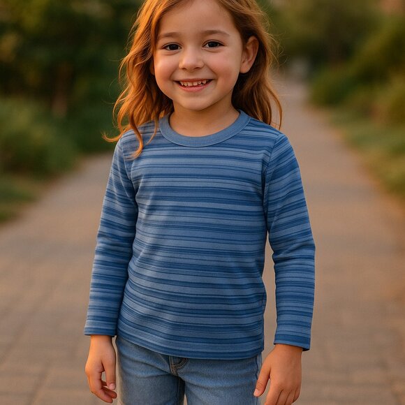 Stamp Kids Shirt 5 Blue Striped Long Sleeve Ribbed Cotton Y2K Made in USA - Picture 5 of 6